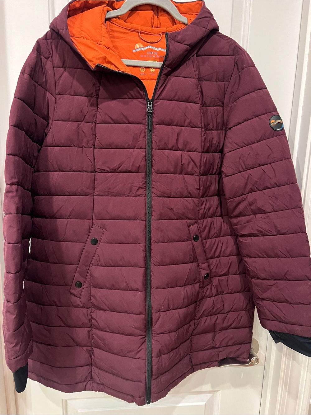 Plum Hooded Quilted Puffer Coat with Orange Lining